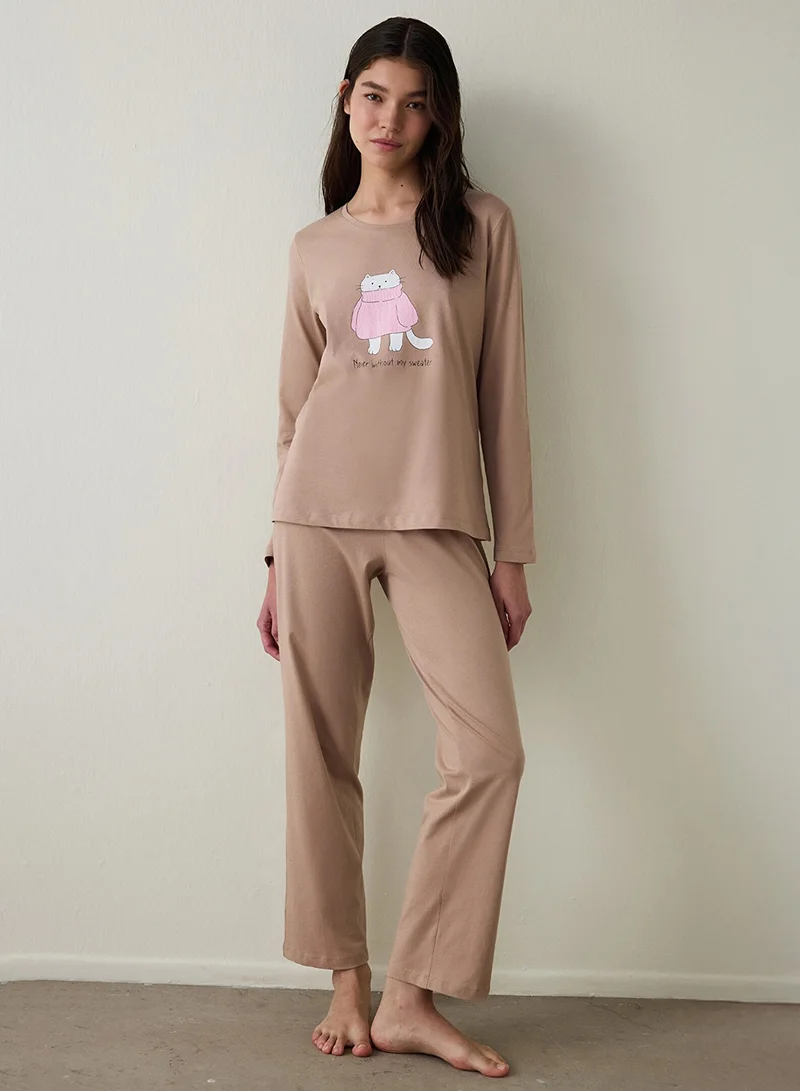 Penti beige Penti Beige Crew Neck Slogan Printed Cotton Sweatshirt Pajama Set for Women | Best Price UAE
